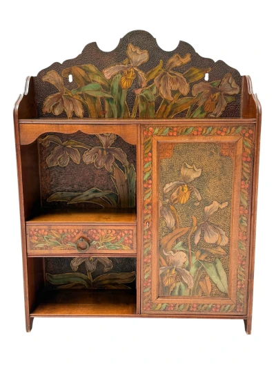 Aesthetic Movement Wall Cabinet, Hand-Painted Floral, Walnut, 1890s